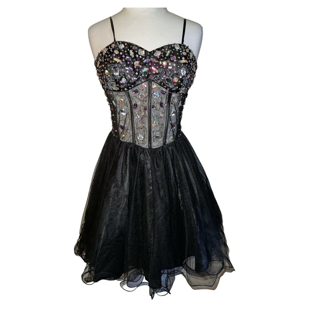 Blondie Nites Black Rhinestone Short Dress Sz 9 Sexy Holidays Party Look
